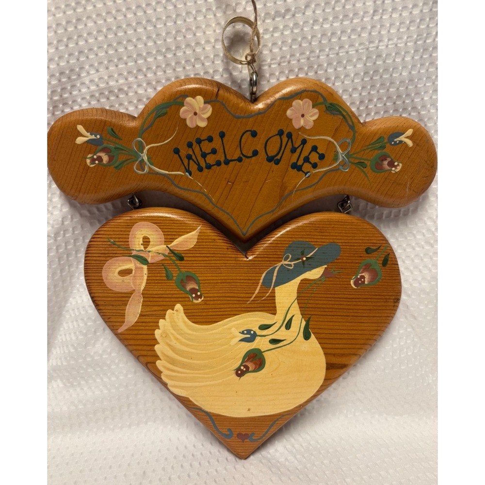 Vtg Primitive Country Wood Goose Welcome Plaque Heart Shaped Hand Painted Folk